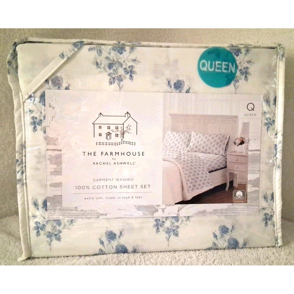 NIP The Farmhouse Rachel Ashwell Queen Cotton 4 Pc Sheet Set Blue Gray Floral
